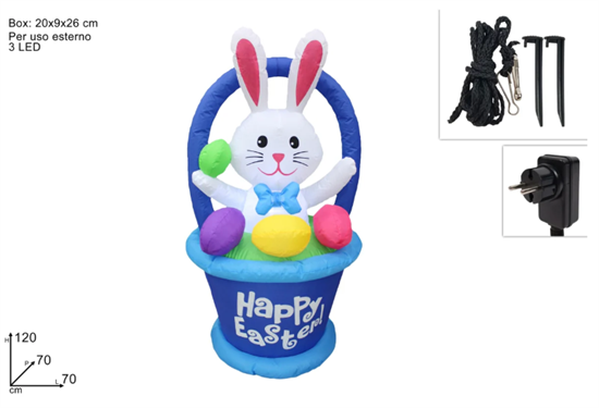 GONFIABILE CESTINO CON CONIGLIO 120CM CON 3 LED